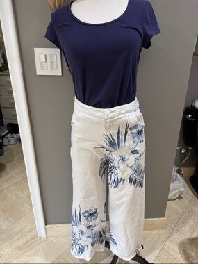 White Wide-Leg Floral Crop Pants with Blue Botanical Print & Top